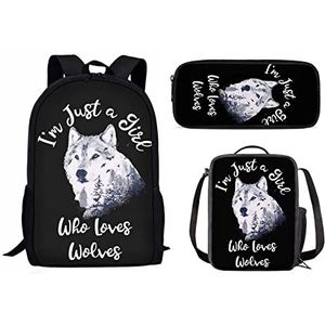 COEQINE Kinderen Student Rugzak Set Met Lunch Tas Pen Case Voor Meisjes Jongens Lichtgewicht Duurzaam Dagpack Voor Reizen Outdoor School, wolf zwart, Eén maat