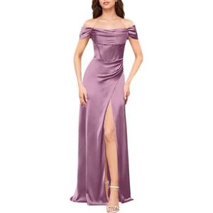 YIANN Satijnen baljurk voor dames, off-shoulder met split en geplooid korset, A-lijn baljurk formele jurk, Mauve, 32