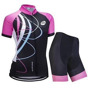 Vrouwen Fietsen Fietsen Ademend Sneldrogend Shirts Set, Jersey Cycle Korte Mouw Jas + 3D Kussen Nauw Gewatteerde Shorts Broek, M, Roze Galop
