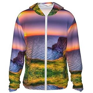 Blauwe Vlinder Print Zon Bescherming Hoodie UV Bescherming Lange Mouw Outdoor Lichtgewicht Volledige Zip Hoodie Vissen Wandelen, Ierland Zonsondergang Zeegezicht Print, XXL