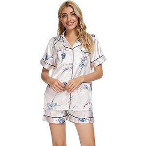 GOSO Damespyjamaset zijde satijnen pyjama's dames button down pyjama voor dames korte broek en T-shirt nachtkleding Lady Nightwear zachte sets, lichtroze, L