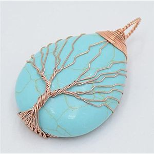 Rose Goud Kleur Wire Wrap Levensboom Water Drop Hanger voor Vrouwen Ketting Natuursteen Paars Roze Kristallen Hangers Sieraden-Turkoois