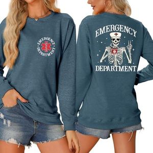 MLZHAN Spoedeisende Afdeling Aan De Voorzijde Print Vrouwen Halloween Sweatshirts Grappig Skelet Verpleegster Hoed Cup De Rug Print Shirt (XL, Blauw 2), Blauw 2, XL