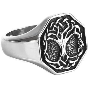 Viking Tree of Life Ring Voor Mannen Vrouwen - Noorse Mythologie Roestvrij Staal Yggdrasil Signet Ring - Handgemaakte Vintage Mode Klassieke Punk Amulet Bescherming Sieraden (Color : Silver, Size :