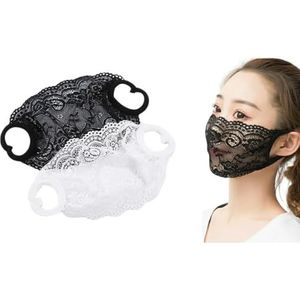 DeaHea 2 stuks enkellaags kanten masker zonnebrandcrème maskers mesh hol gezichtsmasker halfgelaatsbedekking reismasker voor vrouwen en meisjes (zwart + wit)