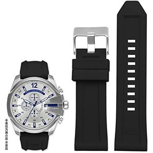 Siliconen rubberen armband horlogeband 24mm 26mm 28mm compatibel met diesel DZ4496 DZ4427 DZ4487 DZ4323 DZ4318 DZ4305 Heren horloges riem (Color : Black silver buckle, Size : 24mm)