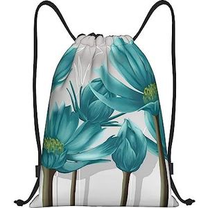 Iguatu Groenblauwe grijze en witte bloemen lichtgewicht trekkoord tas, spatbestendig, geschikt voor fitness, yoga, reizen, Teal Grijs en Wit Bloemen, M