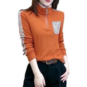 Vrouwen Lente Herfst Losse Rits Patchwork T-shirts Vrouwen All-Match Trend Casual Lange Mouw Solid Tops, Oranje, XL