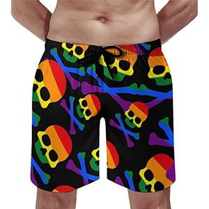 Gay Pride Flag Skull Crossbones Zwembroek voor heren, casual strandshorts met compressievoering, sneldrogende badmode met zakken, S