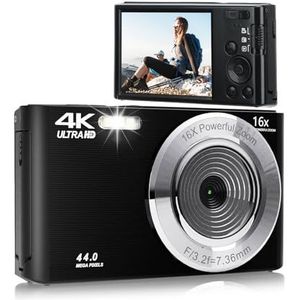 Digitale Camera, 44 MP 16x Digitale Zoom 4K-camera met 2,8 Inch HD-scherm, Ingebouwd Invullicht Anti Shake voor Tieners, Volwassenen, Beginners (zwart en zilver) (BLACK)