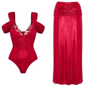HFYRBDKSPI Eendelig damesbadpak met cover-up wrap lange rok strand glanzende badmode tweedelig badpak,Rood,L