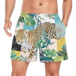 Tropical Palm Leopard Animal Zwembroek voor heren, sneldrogend, met zakken, Leuke mode, M