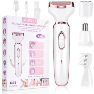 ACWOO Elektrisch Ladyshave, Draadloos 4-in-1 Elektrisch Scheerapparaat voor Dames, Oplaadbaar Pijnloos Scheerapparaat Bikinitrimmer Nat en Droog Ontharen voor Gezicht Benen Oksel, Neus en Wenkbrauw