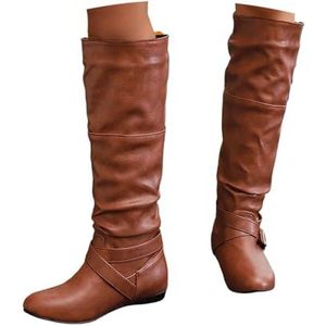 Winter Hoge Laarzen Met Metalen Gesp Britse Stijl Laarzen Met Lange Schacht Warm Gevoerde Sneeuwlaarzen PU Leren Rijlaarzen Met Lage Hak Plus Size Enkelschoenen(Yellow,43 EU)