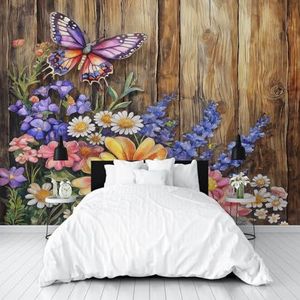 Fotobehang, aquarel, madeliefjes, lavendel, slaapkamer, 3D-effect, vlinder, houtnerf, wandbehang, slaapkamer, 500 x 280 cm, vliesbehang, modern, wandbehang, woonkamer, muurschilderingen, decoratie