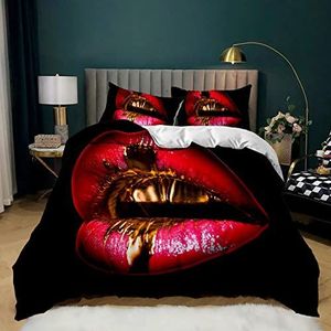 Rode lippen kingsize dekbedovertrekset met 3D-print, zachte microvezel sexy beddengoed, dekbedovertrek 230x220 cm en 2 kussenslopen 50x75 cm