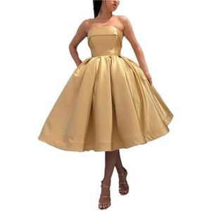 Vrouwen Korte Strapless Satijn Homecoming Jurken Thee Lengte Lace Up Avond Prom Jassen, Goud, 56 NL/Plus