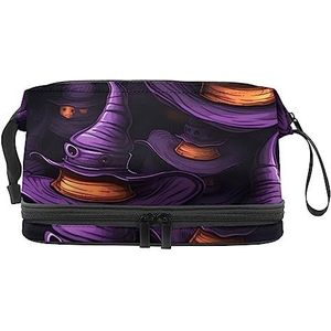 Dubbele Laag Cosmetische Tas Halloween Heks Hoeden Paars Draagbare Make-up Tas Travel Organizer Pouch voor Vrouwen Meisjes Toiletartikelen Tassen, multi 1, 27x15x14 cm/10.6x5.9x5.5 in, Make-up zakje