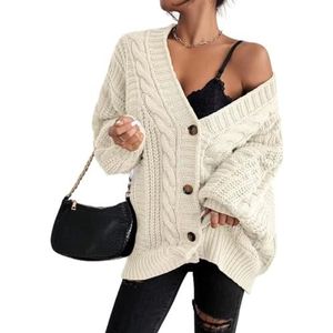 Dikke Vesten Voor Dames, Grote Maten, Kabelgebreid Lang Vest Open Voorkant Ballonmouwen Dames V-Hals Trui Jas Herfst Winter Warm Gebreide Jas Jumper Bovenkleding, Beige, One Size Fit S, Xl