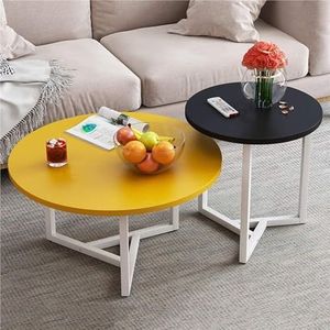 FXLUHAY Moderne woonkamer koffietafel met houten tafelblad salontafel woonkamer metalen frame nesttafel set van 2 accenttafel ronde receptie bijzettafel studio minimalistische leestafel (#2)