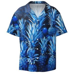 OdDdot Blauwe ananasprint herenoverhemden atletisch slim fit casual zakelijk overhemd met korte mouwen, Zwart, XXL