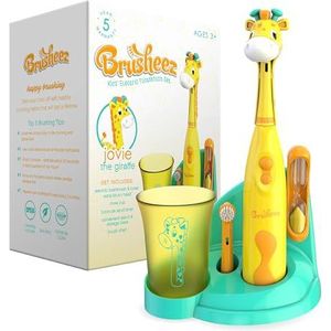 Jovie the Giraffe : Brusheez elektronische tandenborstelset voor kinderen - inclusief tandenborstel op batterijen, 2 borstelkoppen, schattige dierenhoofdhoes, zandtimer voor 2 minuten, spoelbeker en opbergbasis - Jovie the Giraffe
