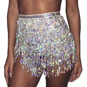 Cubahop Boho-pailletten, buikdansrok, heupriem, kwastrok, heupwikkelsjaal, rave, muziek, festival, kostuum voor vrouwen en meisjes, Zilver, Eén Maat