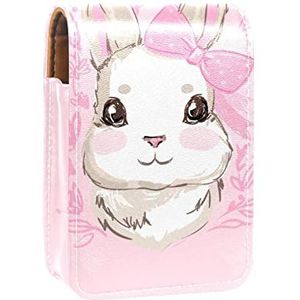 Draagbare Lipstick Case voor op reis, Mini Lipstick Opbergdoos met spiegel voor dames dames, lederen cosmetische etui meisje konijn schattig met vlinderdas roze, Meerkleurig, 9.5x2x7 cm/3.7x0.8x2.7 in