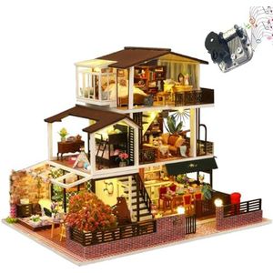 Miniatuur houten poppenhuis, Europese vintage stijl, doe-het-zelf poppenhuis, bouwpakket, Villa BAU 3D-model met meubels en muziekdoos, creatieve cadeaus voor vriend (met stofhoes)