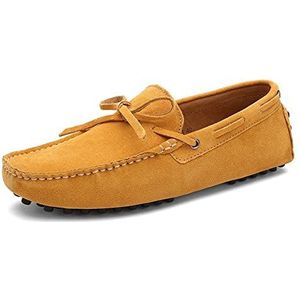 Loafers for heren Bootschoenen Echt leer Stiksels Details Ronde neus Suede Vamp Lichtgewicht Comfortabel Antislip Casual instappers(Yellow,46.5 EU)
