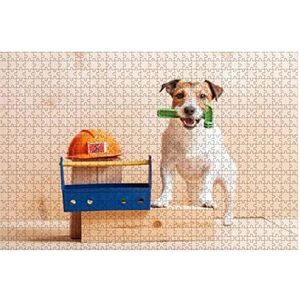 Puzzel 1000 stukjes hond als sierlijke bouwmeester met hamer in de mond, die naast bouwvakkers helm staat puzzel moeilijk meisjes dieren puzzels tradities houten puzzelspeelgoed