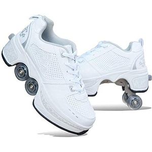 NOLLY rolschaatsen roller skates loopschoenen, sneakers, 2-in-1 multifunctionele schoenen met wieltjes skateboardschoenen, inline skate, verstelbare Quad rolschoen, laarzen, wit-31
