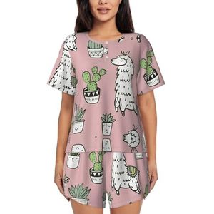 YJxoZH Alpaca En Cactus Print Vrouwen Zomer Pyjama Sets Nachtkleding Dames Korte Mouw Nachtkleding Pjs Lounge Met Zakken, Zwart, M