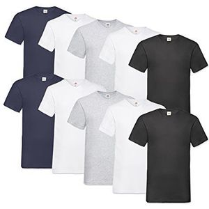 Fruit of the Loom T-shirt, met V-hals, in verschillende maten en kleuren, 10 stuks, 4 wit/2 zwart/2 marineblauw/2 grijs, L