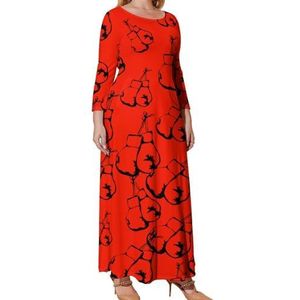 Rode Bokshandschoenen Grafische Grote Groottejurk Voor Vrouwen Toevallige Lange Koker Maxi Jurken