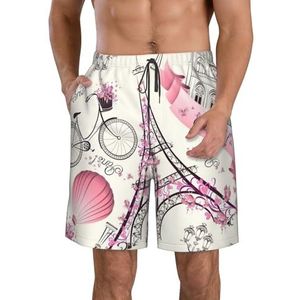 De Parijse Toren en Een Fiets Print Heren Zwemmen Shorts Trunks Mannen Sneldrogend Ademend Strand Surfen Zwembroek met Zakken, Wit, XXL