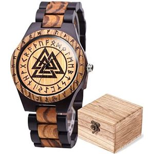 Viking Horloges voor Mannen, Noorse Mythologie Valknut Rune Symbool Quartz Horloge, Handgemaakte Vintage Verstelbare Houten Riem Armband Cadeau