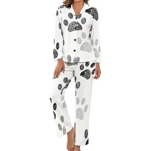Hondenpoot Print Zwart Wit Dames Pyjama Sets Gedrukt Lange Mouw Button Down Nachtkleding Zachte Loungewear Pjs XL