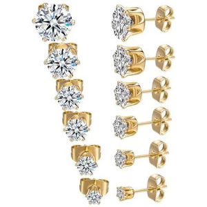 Set van 6 paar 3-8mm chirurgisch roestvrij staal zwart/18K geel/wit vergulde ronde zirkonia oorknopjes set