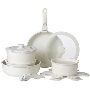 Country Kitchen 13-delige potten en pannen set - veilige anti-aanbak kookgerei set afneembaar handvat, keuken kookgerei met afneembaar handvat, RV kookgerei set, ovenbestendig (crème) (YFAC13RH CRM)