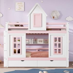 FAYICIC Stapelbed, prinsessenbed, kinderbed, kinderbed met dak en raam, met valbeschermingsrooster, stabiele leuning, twee laden met wieltjes, grenen + MDF, wit + roze