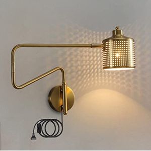 Goud Swing arm nachtkastje Wandlamp met stekker in snoer, lange arm Reading indoor lichtpunt E27 voor slaapkamer woonkamer keuken studie