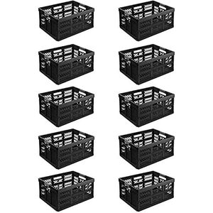 10 x stabiele professionele klapdoos, 45 l, 54 x 37 x 28 cm, inklapbaar, met zachte handgrepen, stapelbare transportkist, zwart