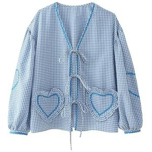 Dames Peplum-overhemd met bladerdeegmouwen en ruches aan de voorkant Babydoll-blouse Tienermeisjes met veters Leuke zomer-t-shirtblouses(Blue,Large)