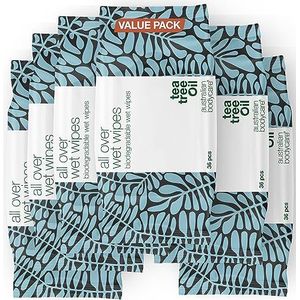Tea Tree Olie Natte Doekjes - 216 Doekjes (6 Pakken) | Reiniger tegen Zweet, Vuil & Make-up | Verfrissend, Hydraterend & Verkoelend | Hygiëne voor onderweg | Biologisch afbreekbaar