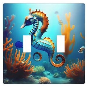 ZhaoYuGoods Zeebodem koraal zeepaardje print muurplaat, dubbele tuimellichtschakelaar outlet cover 2-voudig 11,4 cm x 11,4 cm, decoratieve pc-voorplaat voor thuis en op kantoor