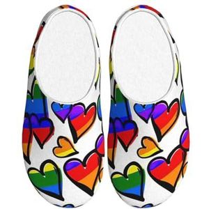 JEJEA Regenboog Gekleurde Gay Pride Harten Print Indoor Gezellige Schoenen Slippers Herfst Winter Thuis Slippers Indoor Scuff Gesloten Teen Huis Schoenen, Zwart, 37.5 EU