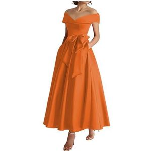 WSEYU Off Shoulder Moeder van De Bruid Bruidegom Jurken Satijn Boog Formele Avond Grootmoeder Jurken Thee Lengte ZM289, Verbrand Oranje, 32