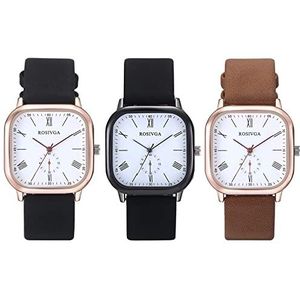 JewelryWe Vrouwen Kleine Vierkante Wijzerplaat Lederen Band Klassieke Dames Jurk Quartz Horloges, 3 Stukken Groot, riem