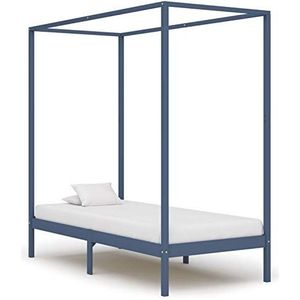 LAPOOH Canopy Bedframe, grijs, massief grenenhout, 100 x 200 cm, bedframe, hemelbedframe, modern interieur (SPU:283275)